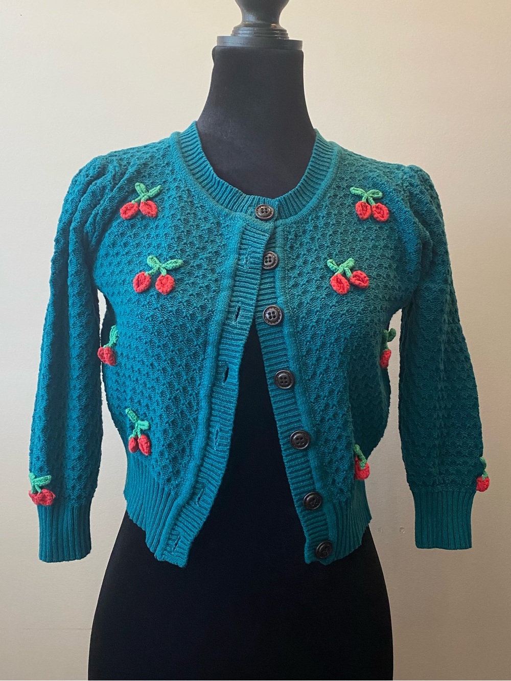 Teal cropped cardigan with cherries